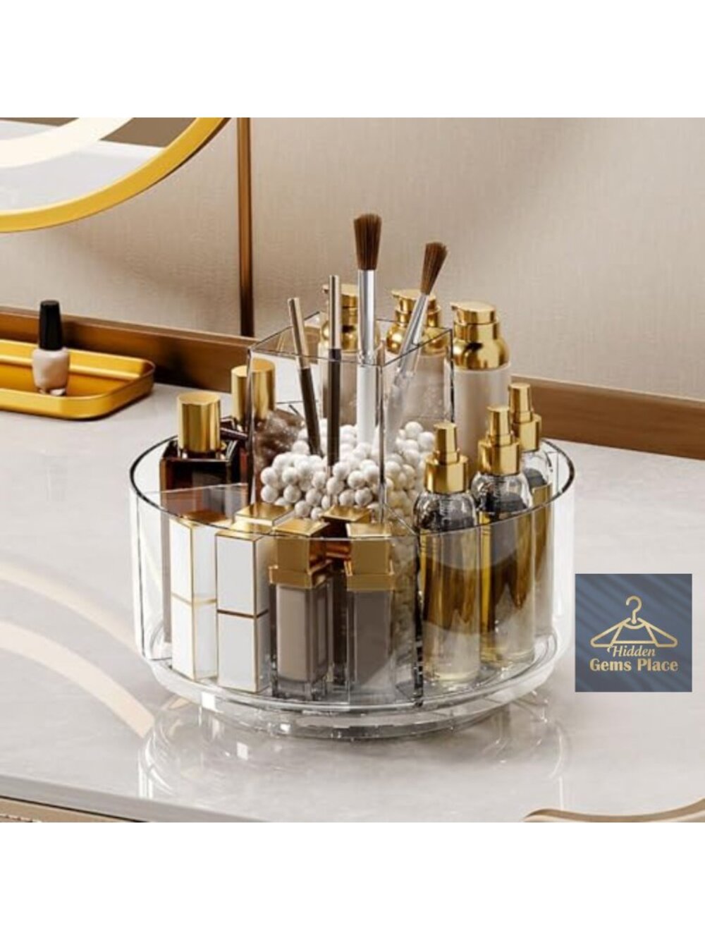 360 Rotating Clear Acrylic Makeup Organizer with 6 Compartments for Vanity &